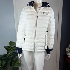 Tommy Hilfiger Blue and White Quilted Puffer Coat, Lightweight Warm Winter .